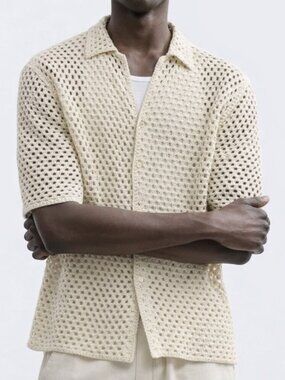 Zara Mens Crocheted Top Shirt Beige Medium Button Down Short Sleeve Summer